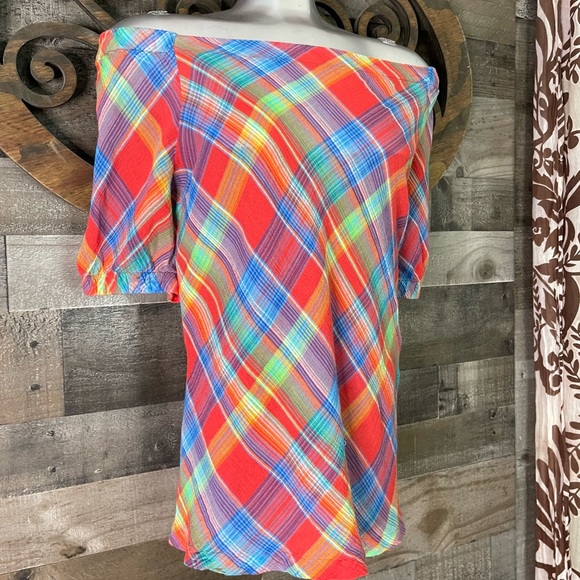 Ralph Lauren 90s y2k Plaid Off Shoulder Blouse Colorful Checkered Preppy - Picture 6 of 16